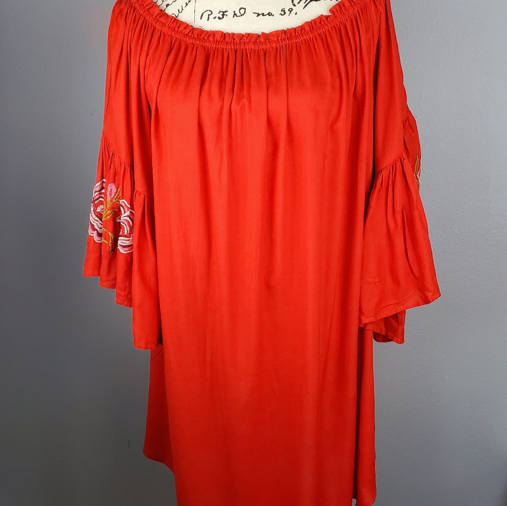 Feathers off the shoulders red dress